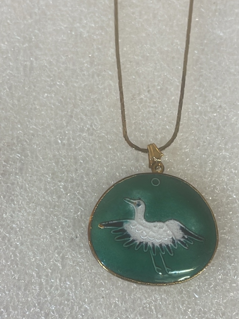 Green Enamel Bird Pendant Necklace with Gold-Tone Bail